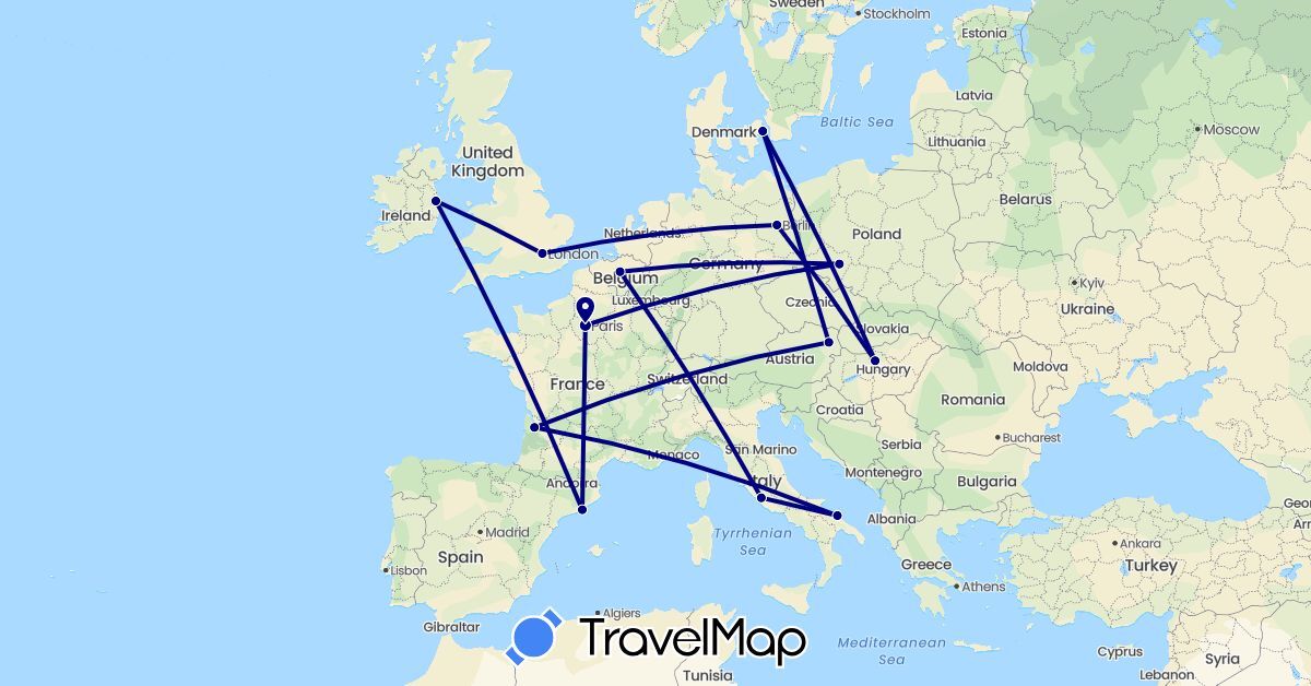 TravelMap itinerary: driving in Austria, Belgium, Germany, Denmark, Spain, France, United Kingdom, Hungary, Ireland, Italy, Poland (Europe)