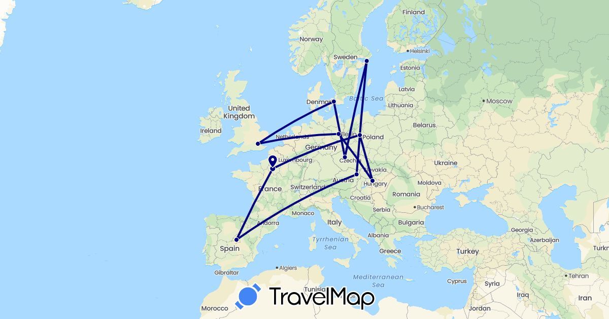 TravelMap itinerary: driving in Austria, Czech Republic, Germany, Denmark, Spain, France, United Kingdom, Hungary, Poland, Sweden (Europe)