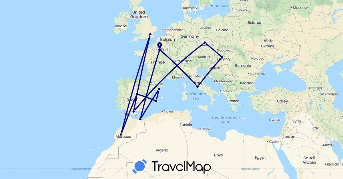 TravelMap itinerary: driving in Czech Republic, Denmark, Spain, France, United Kingdom, Hungary, Italy, Morocco (Africa, Europe)