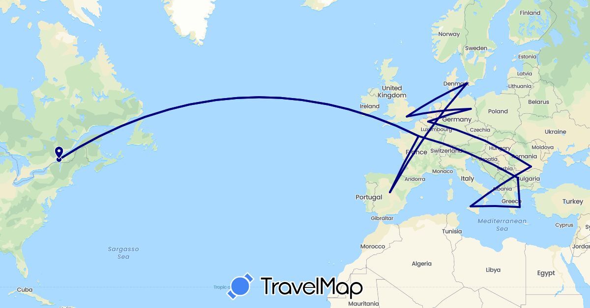 TravelMap itinerary: driving in Austria, Belgium, Bulgaria, Canada, Germany, Denmark, Spain, France, United Kingdom, Greece, Italy, Romania (Europe, North America)